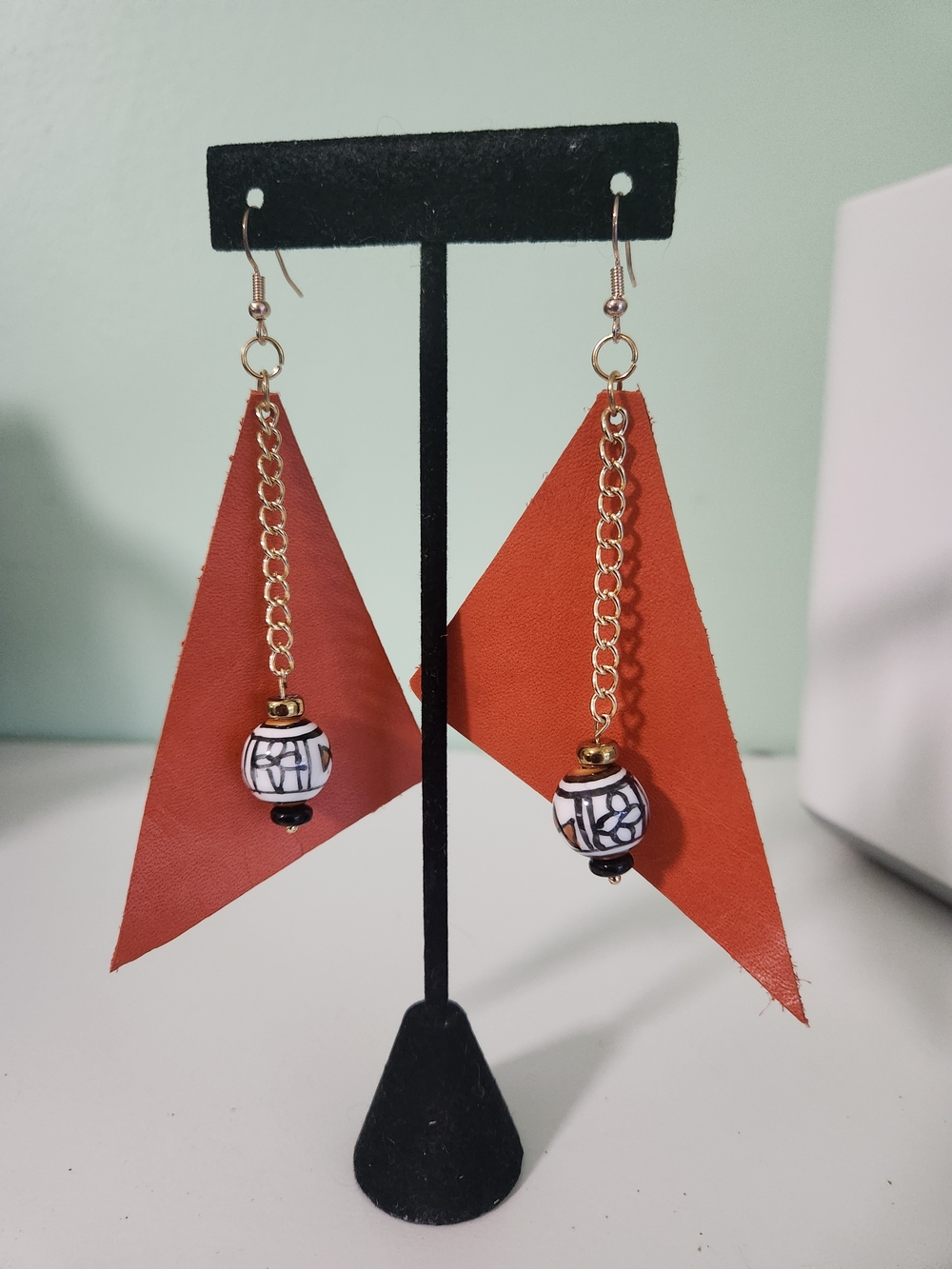 Handmade Orange Leather Triangle Chain Earrings with Bead Accent